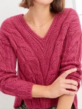 Anthropologie Cable Knit V-Neck Sweater - Berry